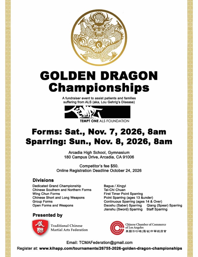 2026 Golden Dragon Championships flyer — Nov 7-8, Arcadia High School Gymnasium, an ALS fundraiser event by TCMAF and CCCLA.